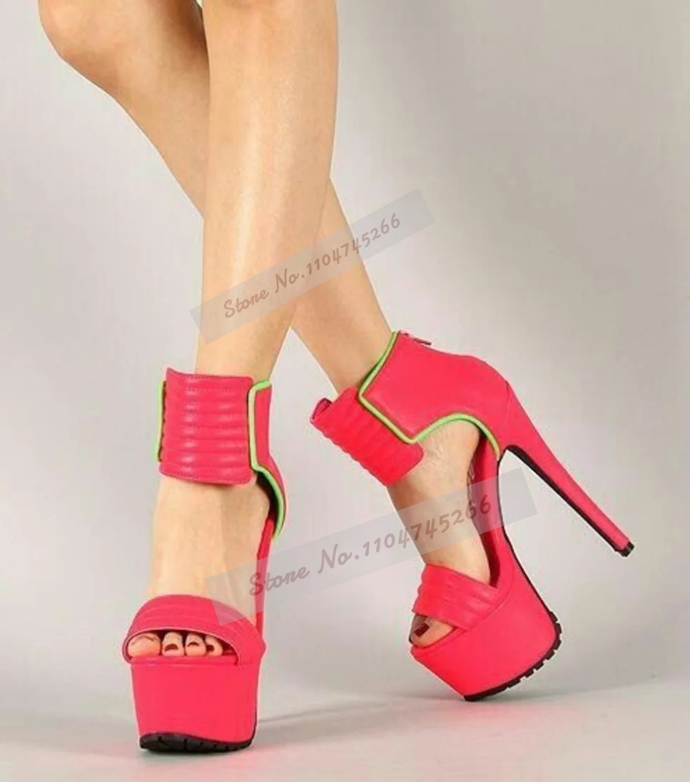 Wide Fit Heels - Rosarote, matte Leder-gestreifte High-Heel-Sandalen, Plateau-Sandalen mit