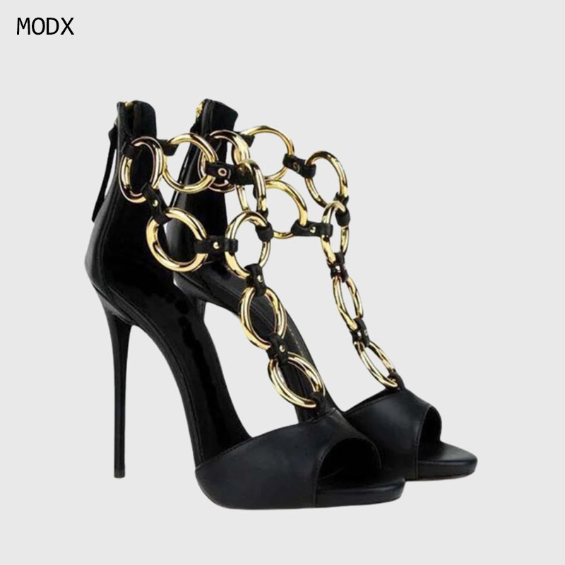 Gold Chain Sandal - Damen Schwarze Leder-Sandalen mit Goldkettengliedern, Peeptoe-Stilettos,