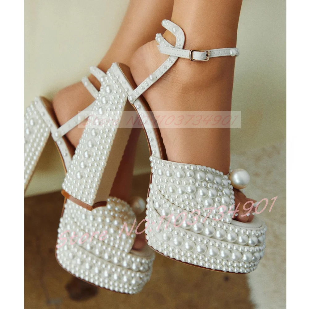 Ankle Strap Heels - Weiße Perlen-Plateau-Sandalen für Damen, Knöchelriemen mit