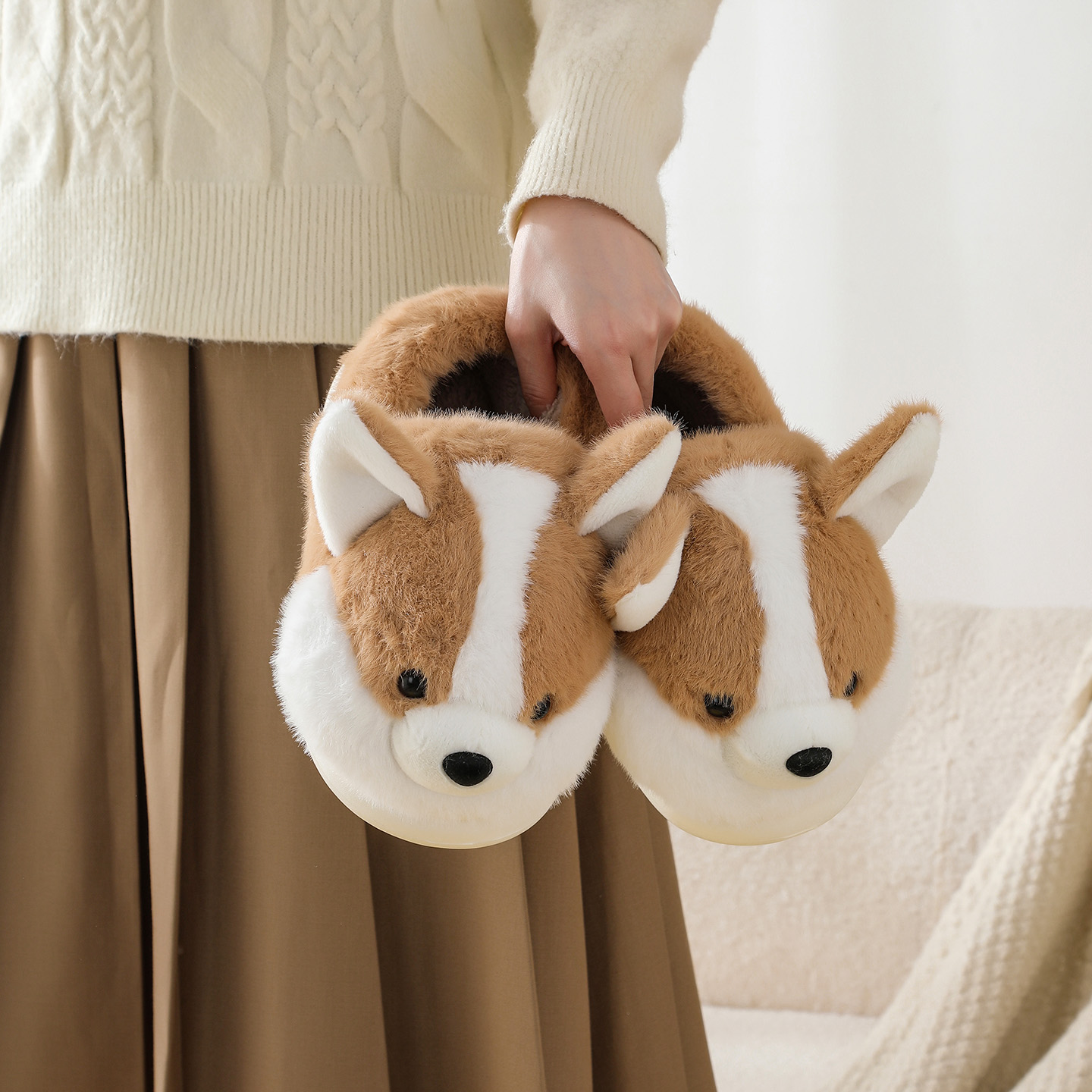 Fluffy Fur Slipper - SHAJI Niedliche Corgi-Plüsch-Hausschuhe für Damen und