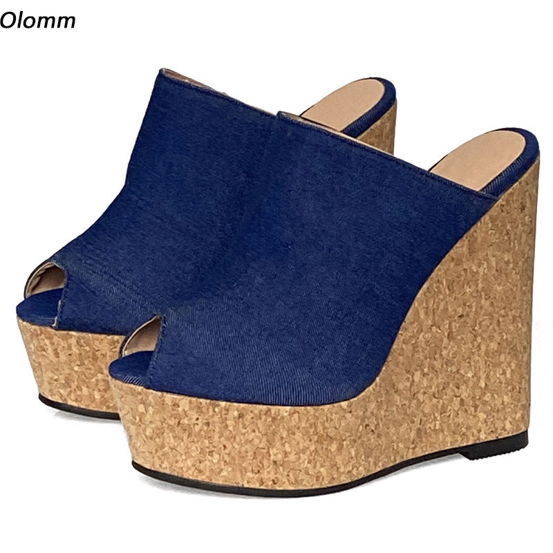 Cork Wedge Sandal - Olomm handgefertigte Damen-Pantoletten, Sandalen, Denim, Kork,