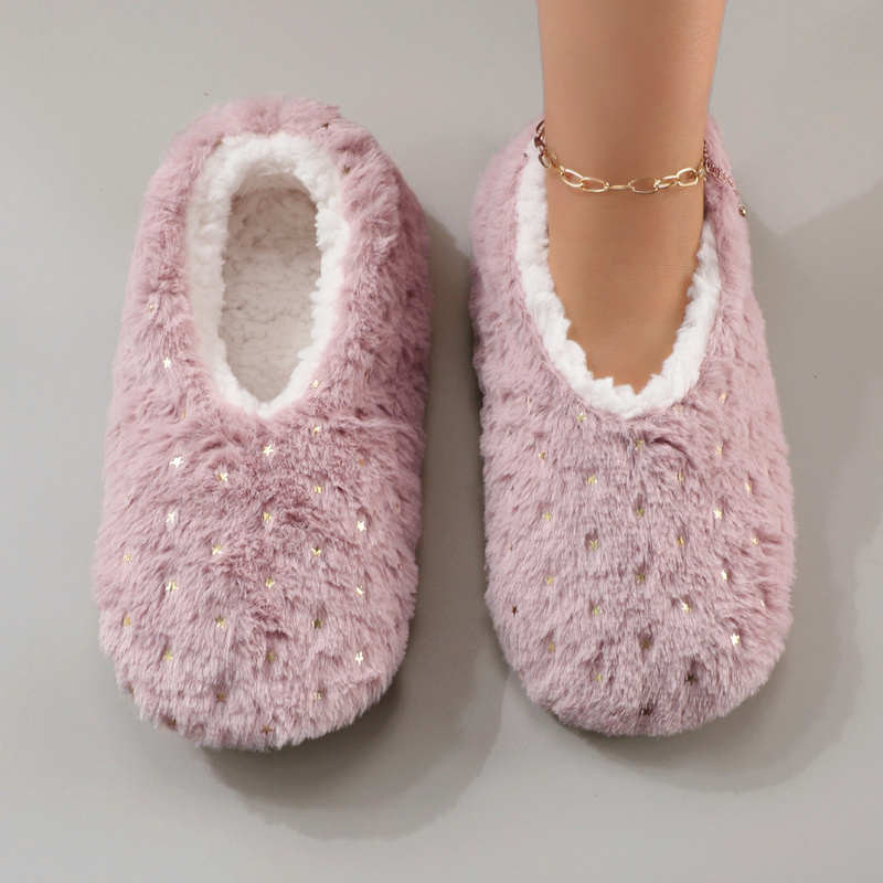 Women Shoes For Winter - Modische, glänzende, goldgeprägte, sternmusterige, warme Plüsch-Hausschuhe