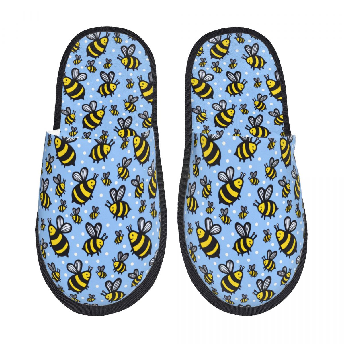 Fluffy Fur Slipper - Individuell Bedruckte Damen-Hausschuhe mit Blauem Bienenmuster,