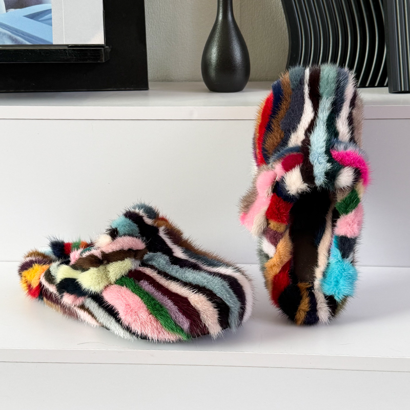 Women Shoes For Winter - Damen-Mules und Clogs, Nerzfell-Hausschuhe, Winter-Damenpantoffeln, Farbblockierende