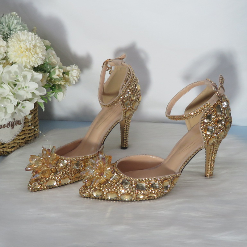 Ankle Strap Heels - Maßge schneiderte Champagner goldene Kristall Frauen