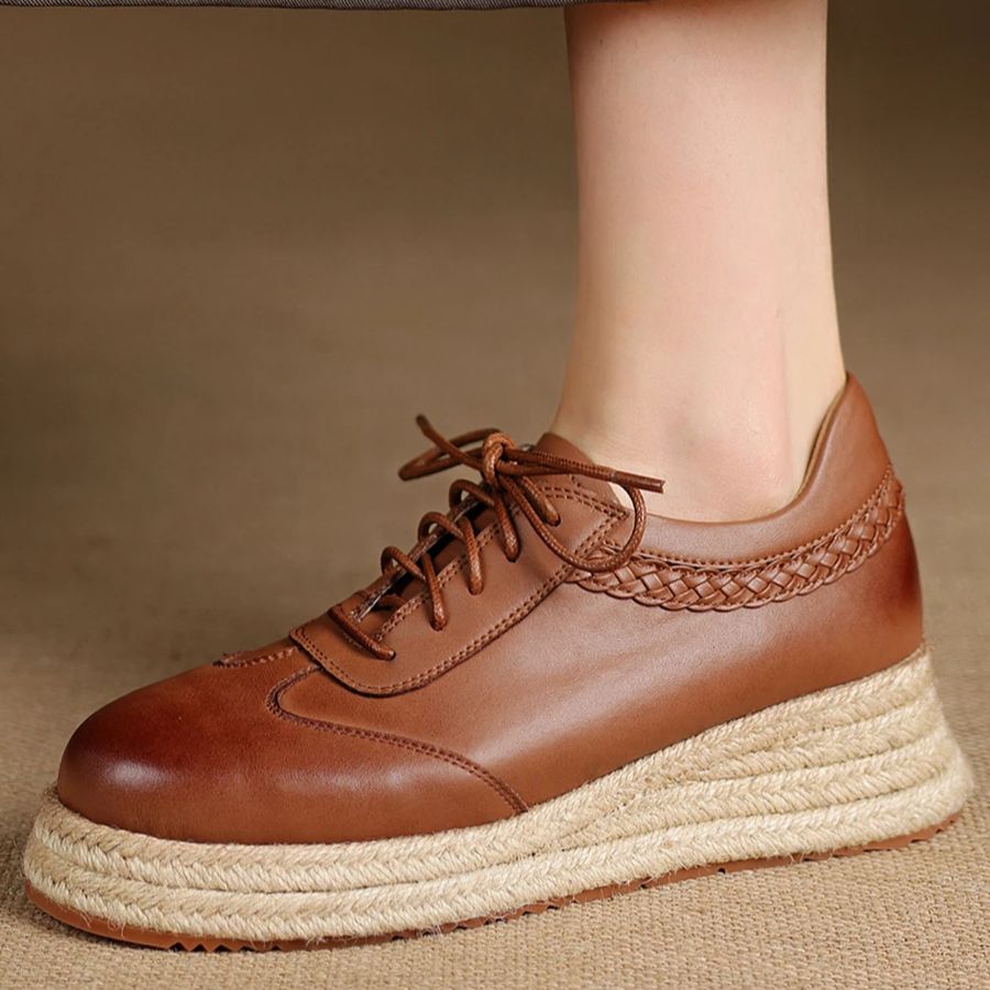 Espadrille Wedge Shoes - EAGSITY Braune Oxford-Schuhe aus Rindsleder im