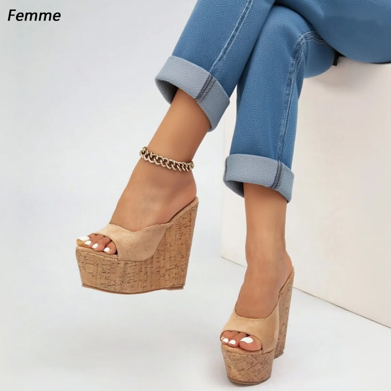 Cork Wedge Sandal - Femme Handgefertigte Damen-Beige-Wildleder-Keilabsatz-Mules, Kork-Plateau-Sandalen mit Offener