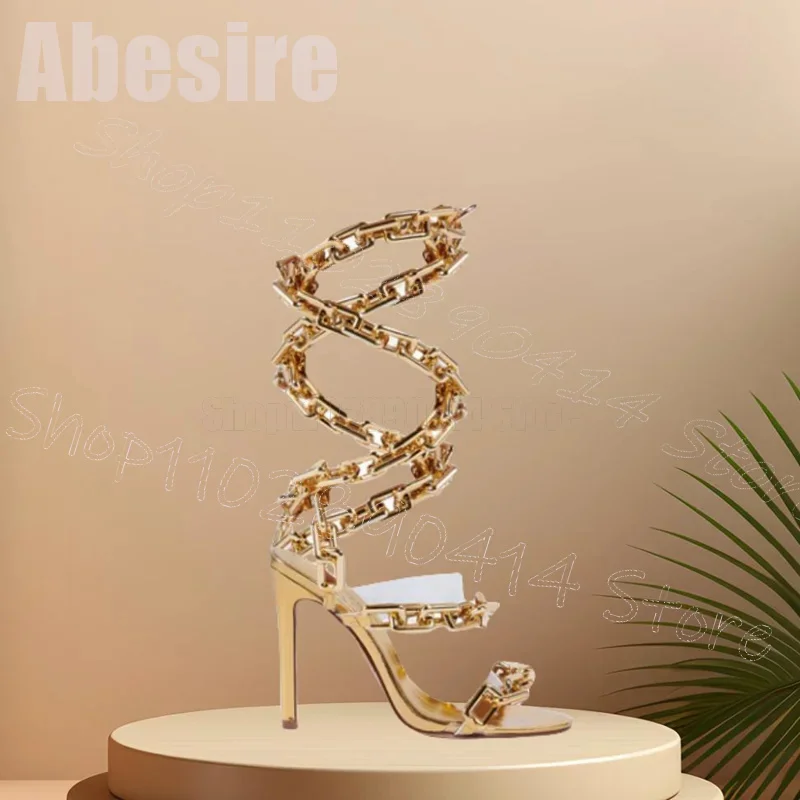 Gold Chain Sandal - Goldkette, hohles Design, offene Zehen, Sandalen