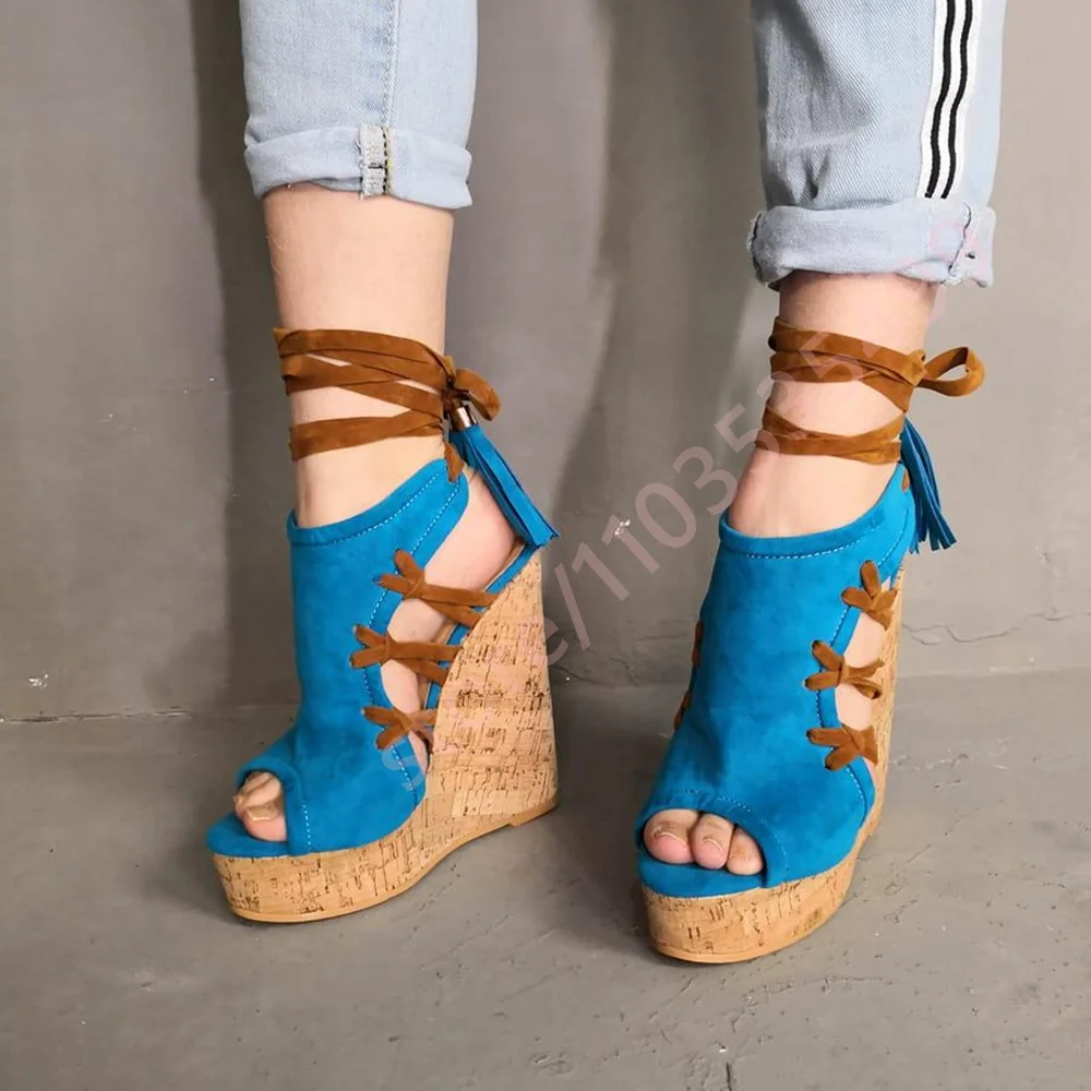 Cork Wedge Sandal - Peep-Toe-Kork-Keilabsatz-Sandalen, sexy Damen-Sandalen mit Kreuzschnürung, Knöchelriemen,
