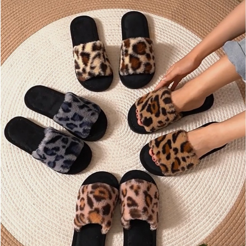 Women'S Shoes For Fall - 2025, Winter warme, flauschige, pelzige Leoparden-Hausschuhe